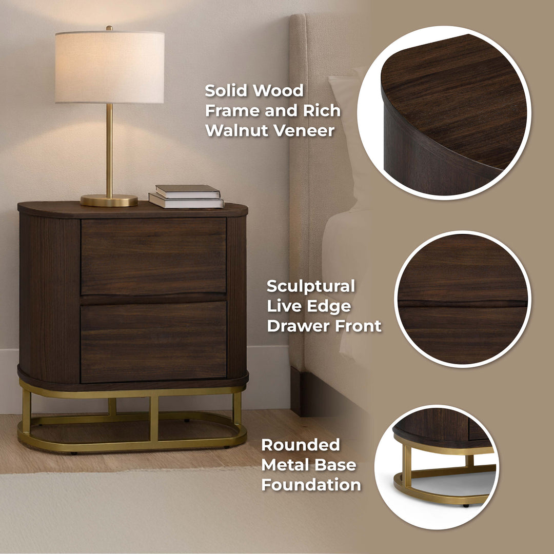 Seneca 23.5” W Walnut Veneer 2-Drawer Nightstand Bedside Storage with Metal Base by Teamson Home