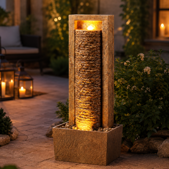 Teamson Home Framed Layered Rock Design Patio Water Fountain–Warm Glow Lighting with Steady Flow & Electric Pump, Brown