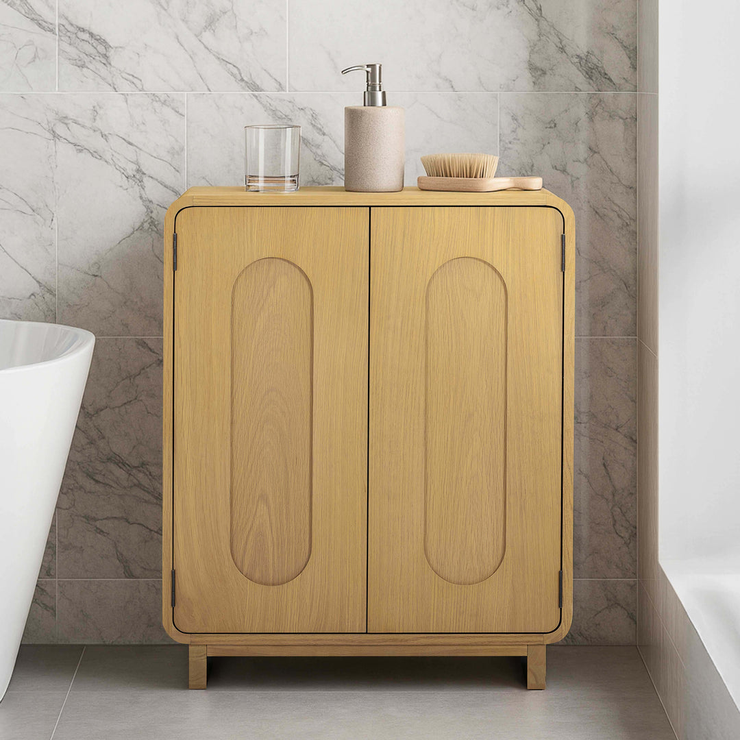 Tenley 28'' W Oak Veneer Accent Cabinet with Recessed Handle & Adjustable Shelf by Teamson Home