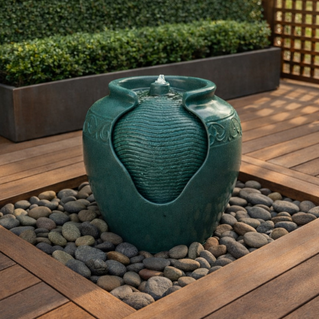 Teamson Home Outdoor Glazed Pot Floor Fountain with LED Light, Teal