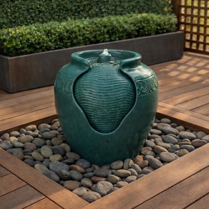 Teamson Home Outdoor Glazed Pot Floor Fountain with LED Light, Teal