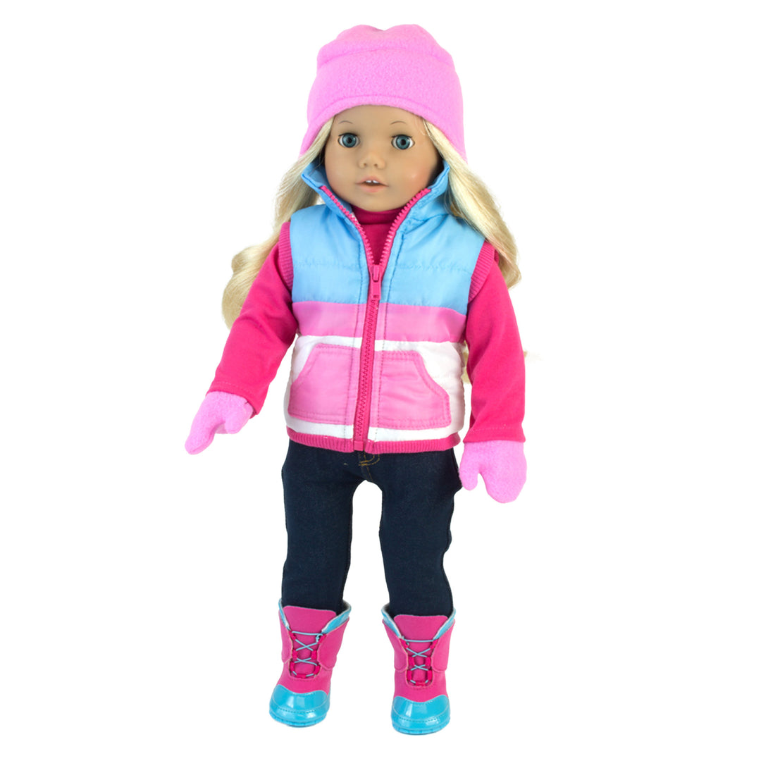 An 18" doll with blonde hair with a pink touque and colorful zipped winter vest