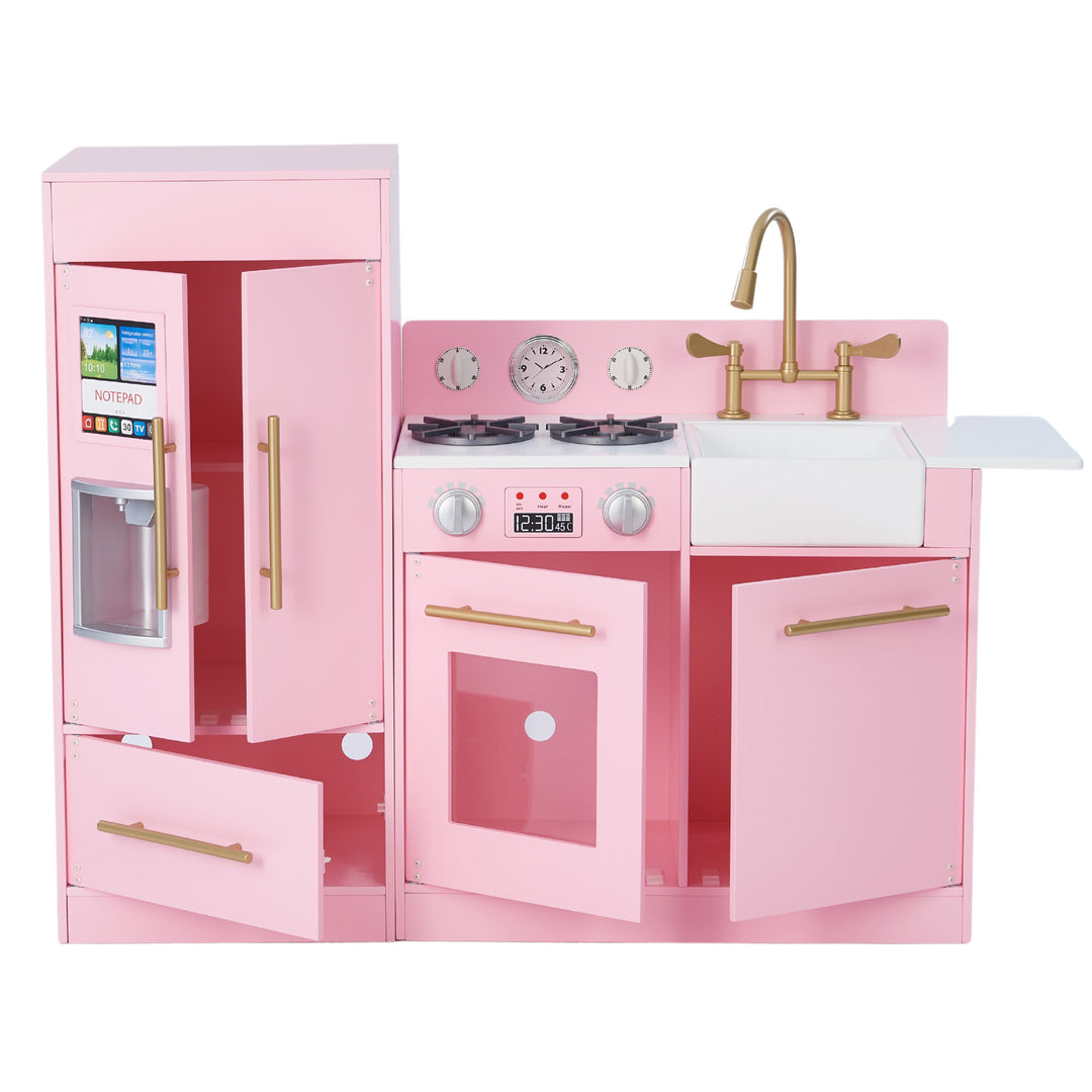 A modern pink play kitchen with gold hardware with the doors opened