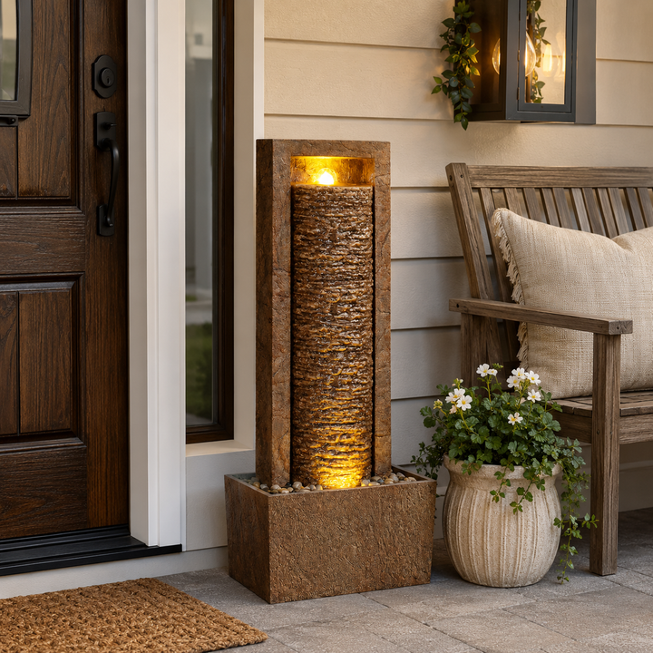Teamson Home Framed Layered Rock Design Patio Water Fountain–Warm Glow Lighting with Steady Flow & Electric Pump, Brown