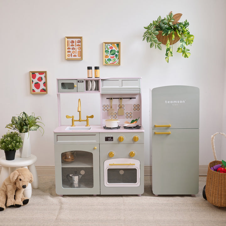 2-Pcs Wooden Play Kitchen with 17 Accessories, Green - Little Chef Hampton by Teamson Kids