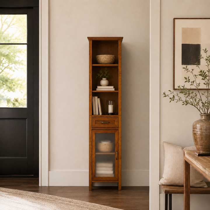 Teamson Home Avery 65-Inch Tall Freestanding Linen Tower with Open Shelves, Storage Drawer, Tempered Glass Door, Adjustable Shelf, Crown-Molded Top, Antique Brass Handles and Oiled Oak Veneer Finish