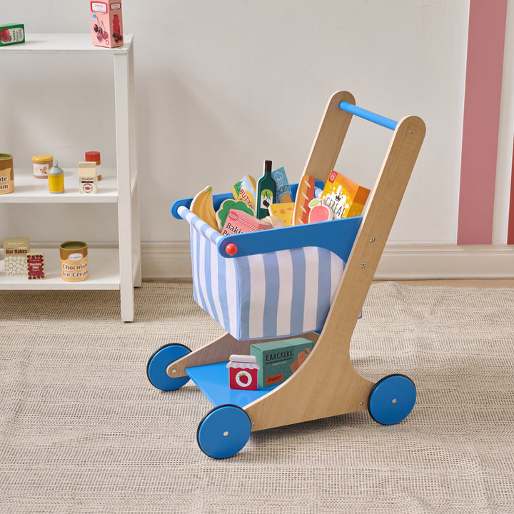 Wooden Grocery Cart Toy with 13 Accessories, Blue – Little Helper Mr. Fresh by Teamson Kids