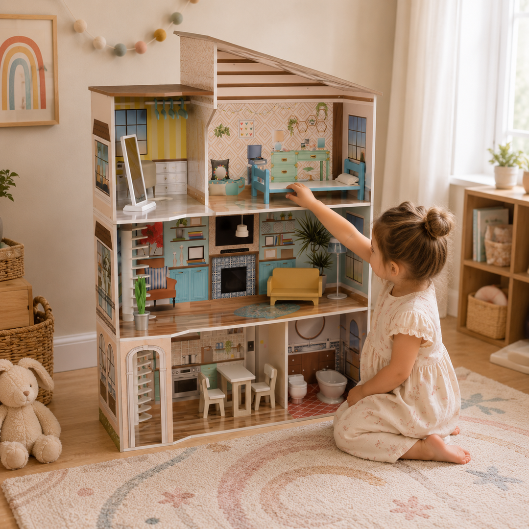 Teamson Kids Dreamland Mediterranean 3-Story Wooden Dollhouse with 5 Illustrated Rooms, Skylight, Spiral Stairs, 17-Piece Set, Working Lamp, Toilet Sound, Fits 12-Inch Dolls, Ages 3+