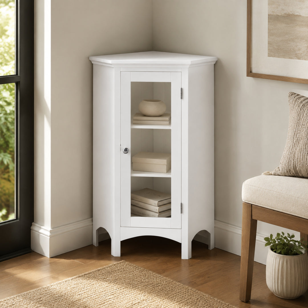 Teamson Home Madison Corner Floor Cabinet with 2 Adjustable Shelves, Glass Door, White Engineered Wood, 32in Freestanding Bathroom Storage for Small Spaces, Living Room, Bedroom or Entryway
