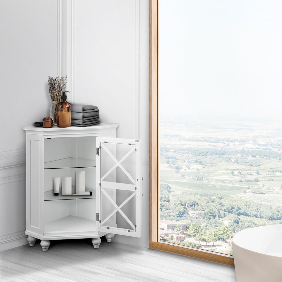 A corner floor cabinet with door open, two glass shelves next to a big window