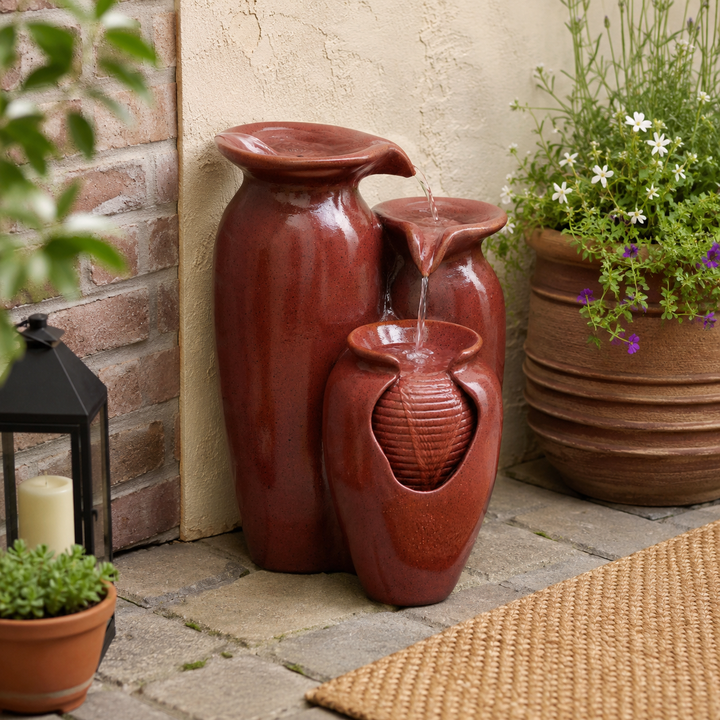 Teamson Home 20.47 in. 3-Tier Cascading Jar Outdoor Water Fountain, Ceramic-Look Weatherproof Rust-Resistant Polyresin, Adjustable Pump, 1.32-Gal Capacity, 72.04 in. Cord, Red, Patio Decor