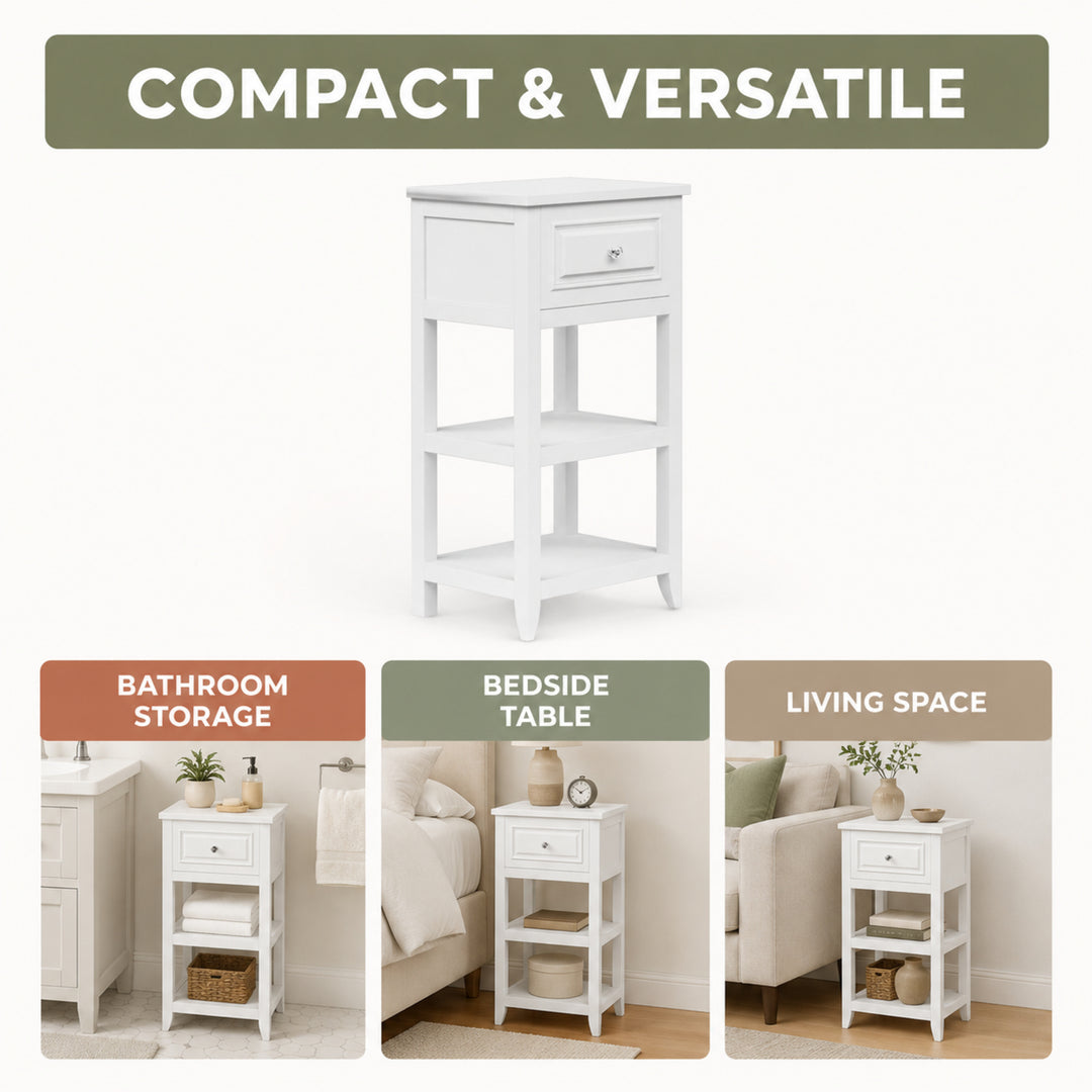Teamson Home Dawson Freestanding Bathroom Floor Cabinet with Drawer and 2 Open Shelves, Cross Molding, White Engineered Wood, Compact Space Saving Storage Cabinet for Bathroom, Bedroom, and Hallways