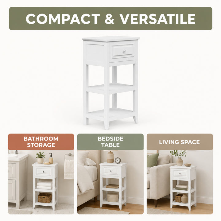 Teamson Home Dawson Freestanding Bathroom Floor Cabinet with Drawer and 2 Open Shelves, Cross Molding, White Engineered Wood, Compact Space Saving Storage Cabinet for Bathroom, Bedroom, and Hallways