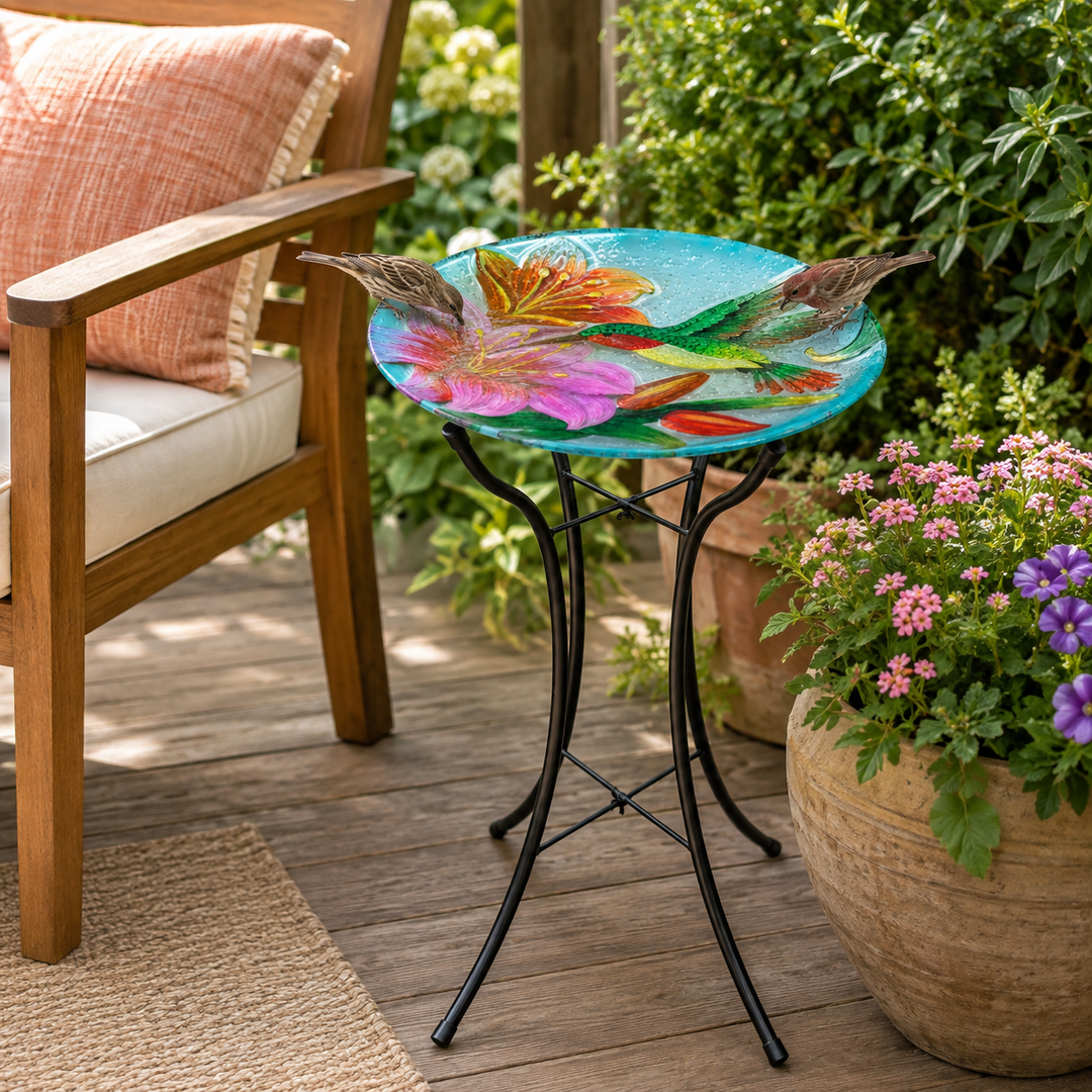 Teamson Home Outdoor Glass Bird Bath with Handpainted Hummingbird and Flower Design, Foldable Metal Stand, Bath or Feeder Use, 18-Inch, Multicolor, Freestanding Garden Accent for Patio, Yard and Lawn
