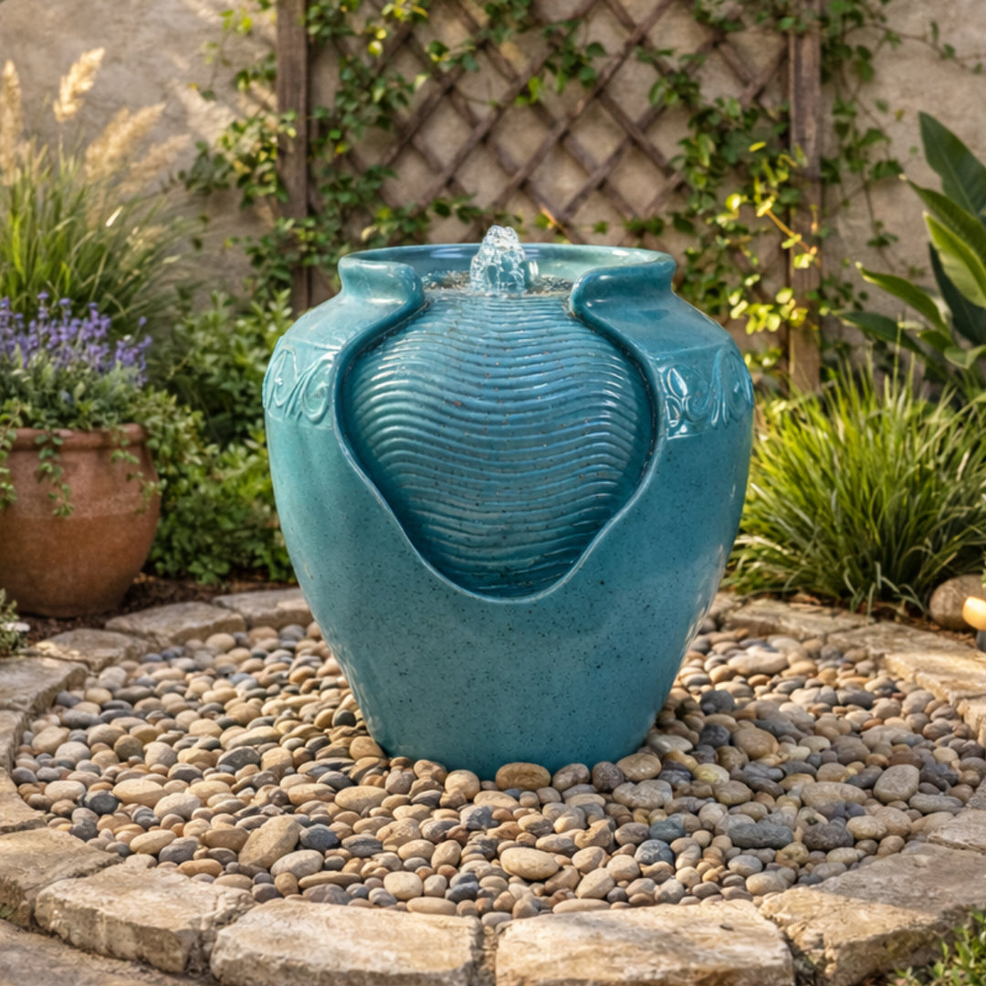 Teamson Home Outdoor Glazed Pot Floor Fountain with LED Light, Teal
