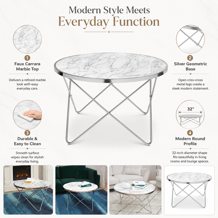 Teamson Home Margo Small Round Faux White Carrara Marble Coffee Table, White