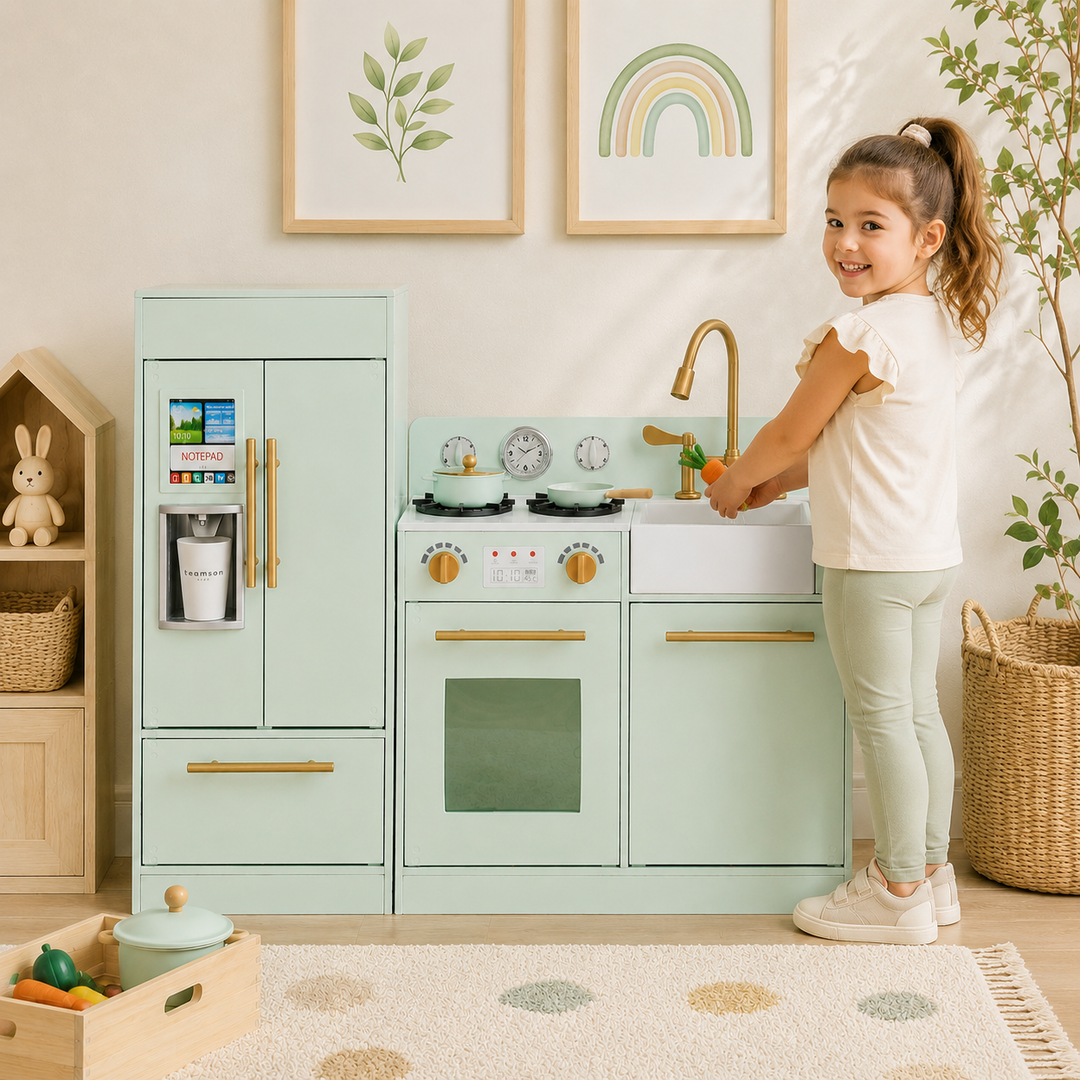 Teamson Kids Little Chef Charlotte Modular Play Kitchen Set with Realistic Stove, Sink, and Refrigerator, Kids Kitchen Playset for Toddlers Ages 3–7, Toy Cooking Set, Mint/Gold