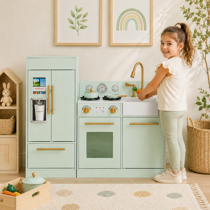 Teamson Kids Little Chef Charlotte Modular Play Kitchen Set with Realistic Stove, Sink, and Refrigerator, Kids Kitchen Playset for Toddlers Ages 3–7, Toy Cooking Set, Mint/Gold