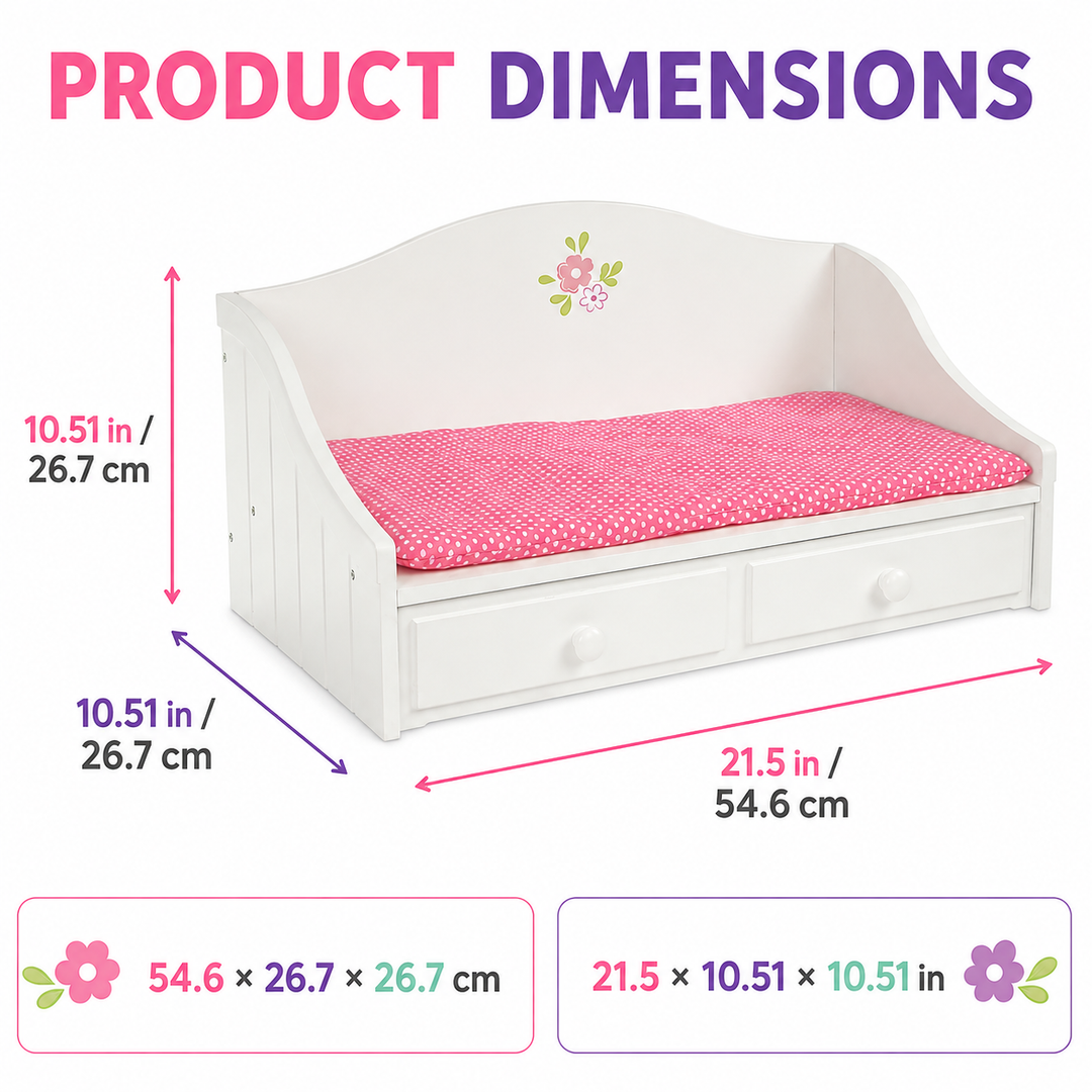 Olivia's Little World Doll Trundle Bed with Pink Bedding for 18" Dolls, White Doll Furniture with 2 interchangeable cushions (White and Polka Dot) Sliding Drawer for Expandable Bed and Pretend Play