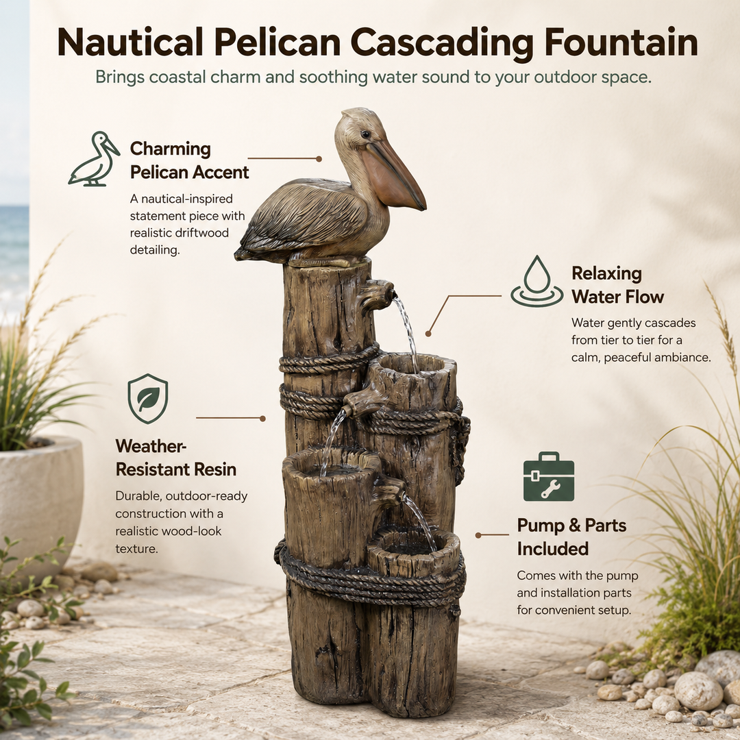Teamson Home 35.42" 4-Tier Pelican and Post Outdoor Water Fountain, Brown