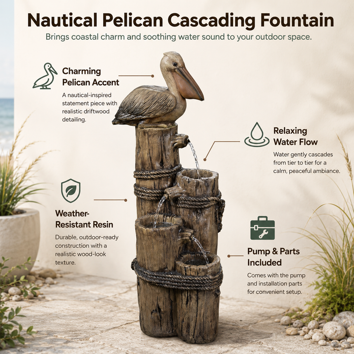 Teamson Home 35.42" 4-Tier Pelican and Post Outdoor Water Fountain, Brown
