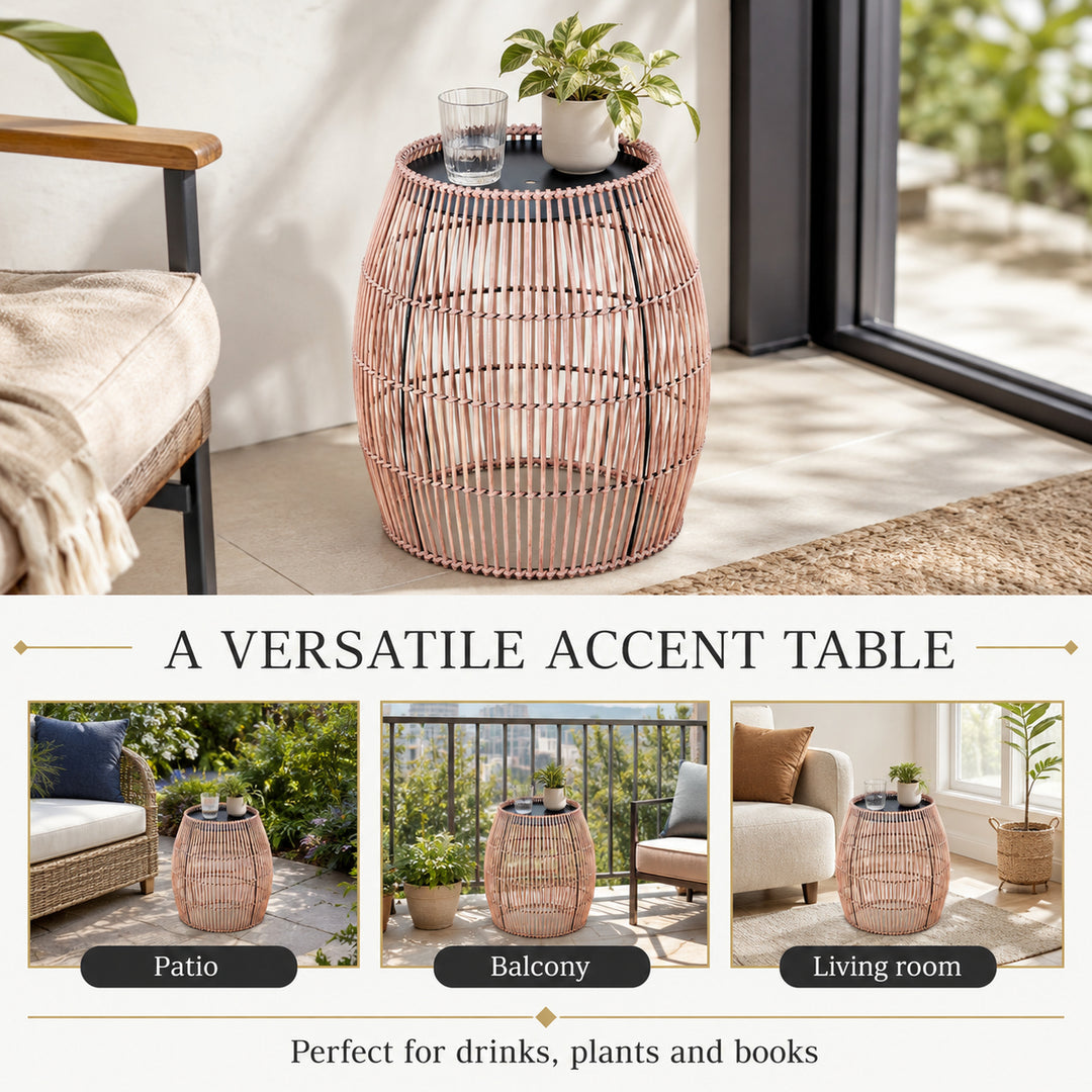 Teamson Bamboo Outdoor Side Table with Black Iron Frame, Round Boho Accent End Table, Weather-Resistant Design for Patio, Balcony, Garden, Porch & Indoor Living Spaces