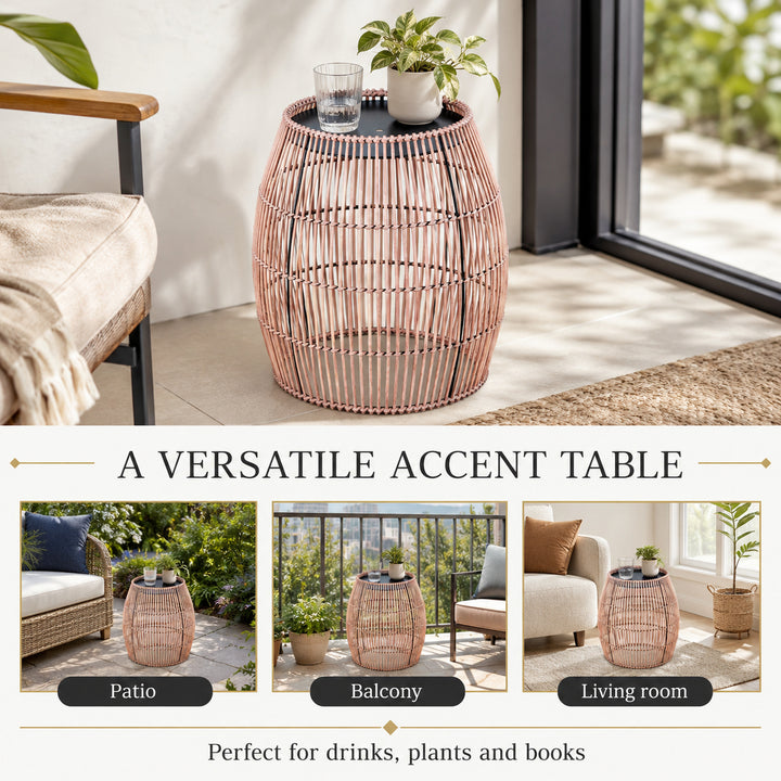 Teamson Bamboo Outdoor Side Table with Black Iron Frame, Round Boho Accent End Table, Weather-Resistant Design for Patio, Balcony, Garden, Porch & Indoor Living Spaces