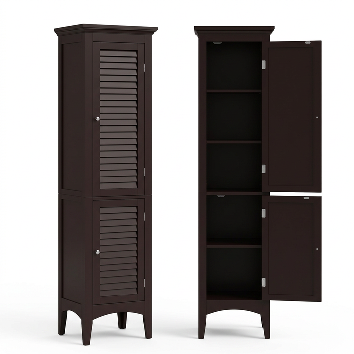 Teamson Home Glancy Wooden Bathroom Storage, Tall Narrow Freestanding Floor Cabinet with Louvered Doors, Interior Shelves, Anti-Tip Kit, for Bathroom, Living Room, Hallway, Espresso / Dark Brown