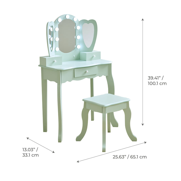 Kids Vanity with LED Lights, Sage Green - Heart Glow Play Vanity Set by Teamson Kids