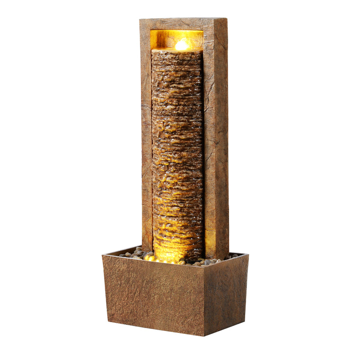 Teamson Home Framed Layered Rock Design Patio Water Fountain–Warm Glow Lighting with Steady Flow & Electric Pump, Brown