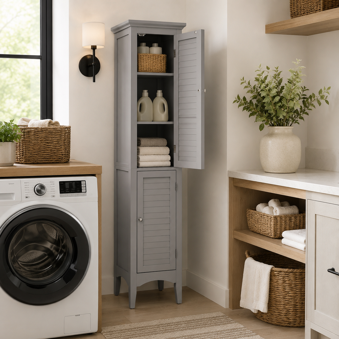 Teamson Home Glancy Wooden Bathroom Storage, Tall Narrow Freestanding Floor Cabinet with Louvered Doors, Interior Shelves, Anti-Tip Kit, for Bathroom, Living Room, Hallway, Gray