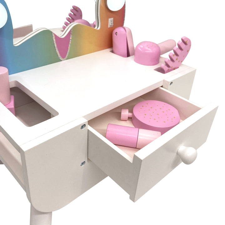 Teamson Kids Butterfly Light-Up Tabletop Kids Vanity Set with 6 Accessories, White and Pink, Butterfly LED Light-up Mirror, Shatterproof mirror for Safer Play, Includes Pretend Dress Up Pieces