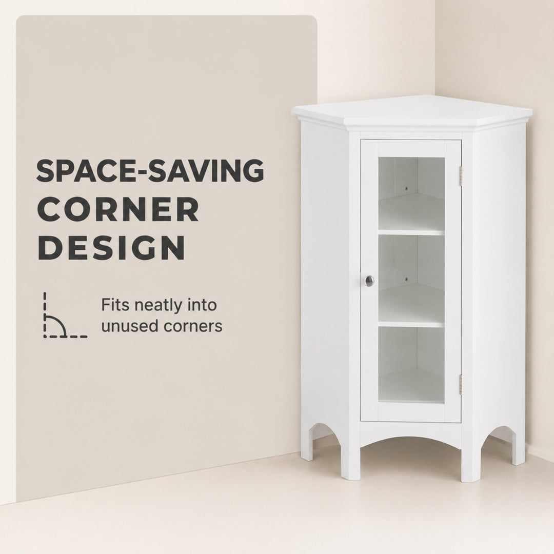 Teamson Home Madison Corner Floor Cabinet with 2 Adjustable Shelves, Glass Door, White Engineered Wood, 32in Freestanding Bathroom Storage for Small Spaces, Living Room, Bedroom or Entryway