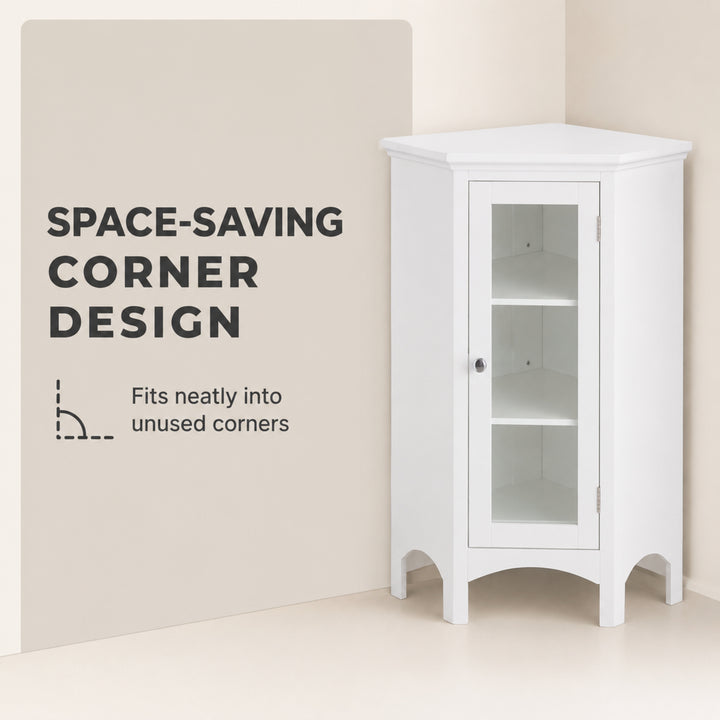 Teamson Home Madison Corner Floor Cabinet with 2 Adjustable Shelves, Glass Door, White Engineered Wood, 32in Freestanding Bathroom Storage for Small Spaces, Living Room, Bedroom or Entryway