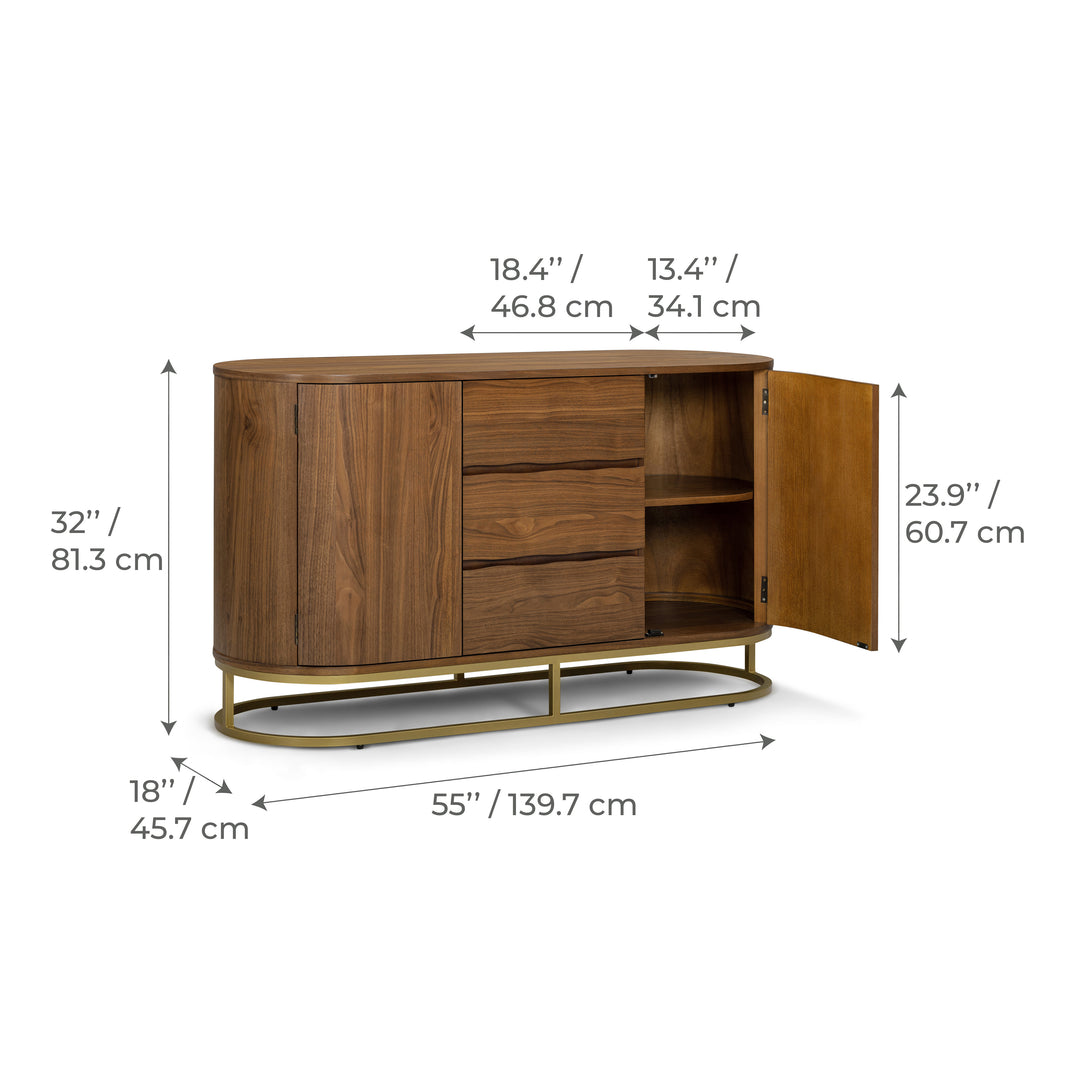 Seneca 55” W Walnut Veneer Sideboard with Spacious Storage and Brass Gold Metal Base by Teamson Home