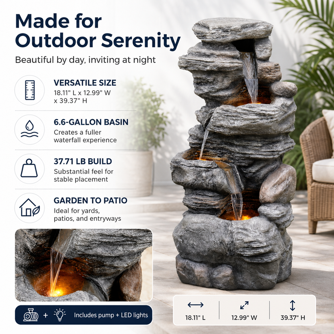 Teamson Home 39.37-Inch Tall Outdoor Water Fountain, 4-Tier Faux Stacked Stone Waterfall with 3 Warm LED Lights, Adjustable 600 L/H Pump, 6.6-Gallon Capacity, Weatherproof Polyresin, Gray