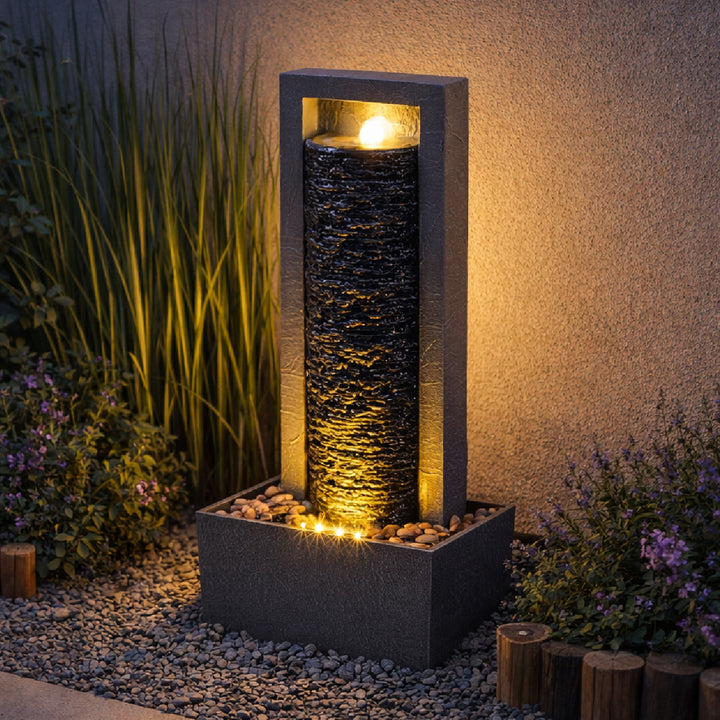 Teamson Home Framed Layered Rock Design Outdoor Water Fountain–Warm Glow Lighting with Steady Flow & Electric Pump, Dark Gray