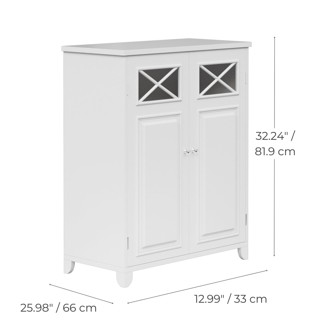 White cabinet with two doors and glass panel design, measuring 25.98 in (66 cm) wide, 12.99 in (33 cm) deep, and 32.24 in (81.9 cm) high.