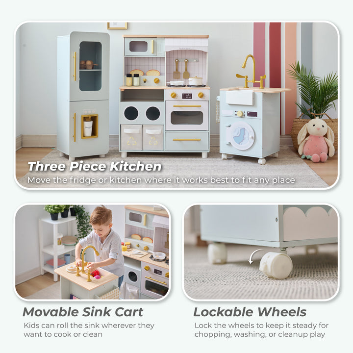 3-Pcs Wooden Play Kitchen with 21 Accessories, Green - Little Chef Savannah by Teamson Kids