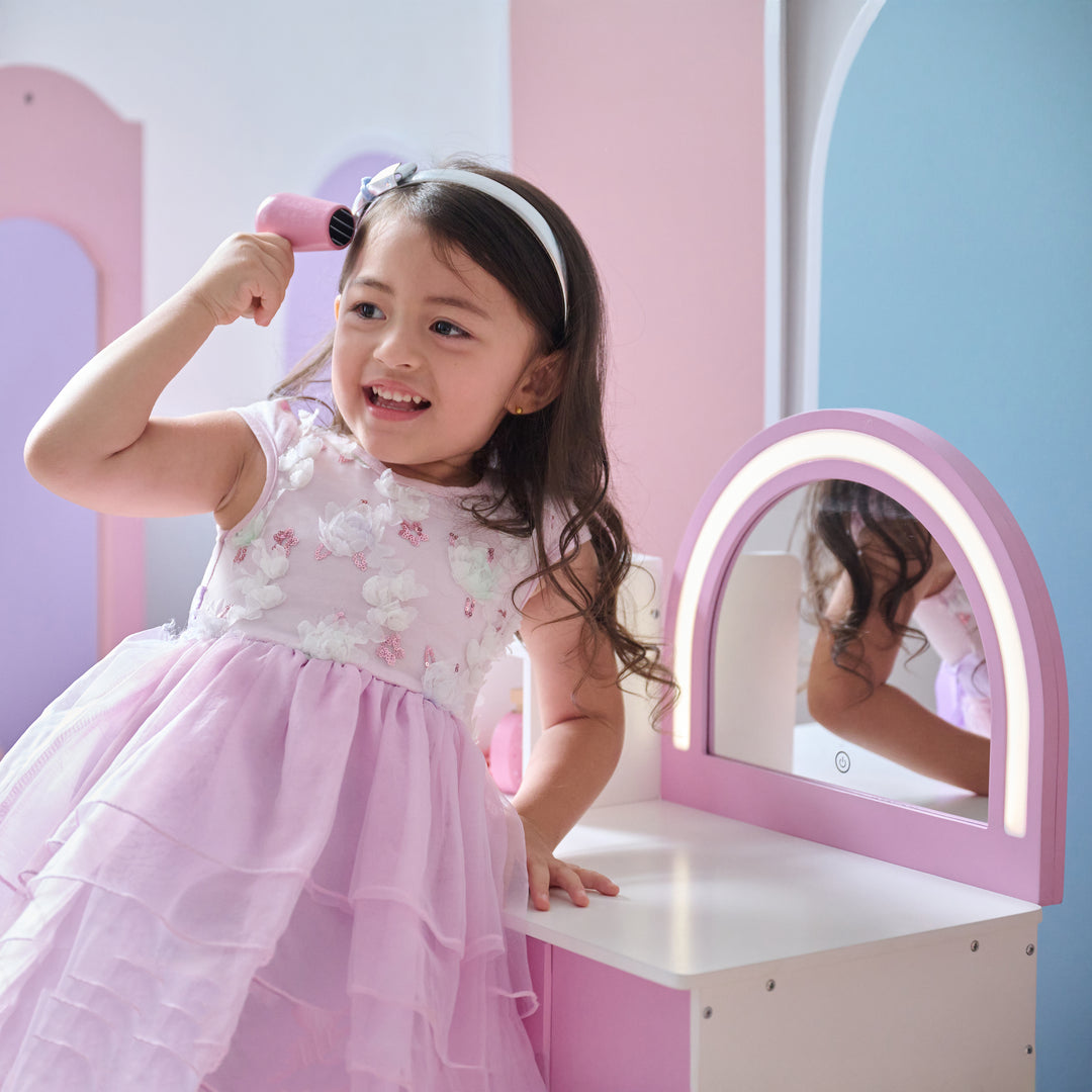 Rosé Shine Wooden 2-in-1 Play Vanity & Desk with LED Mirror for Pretend Play by Teamson Kids