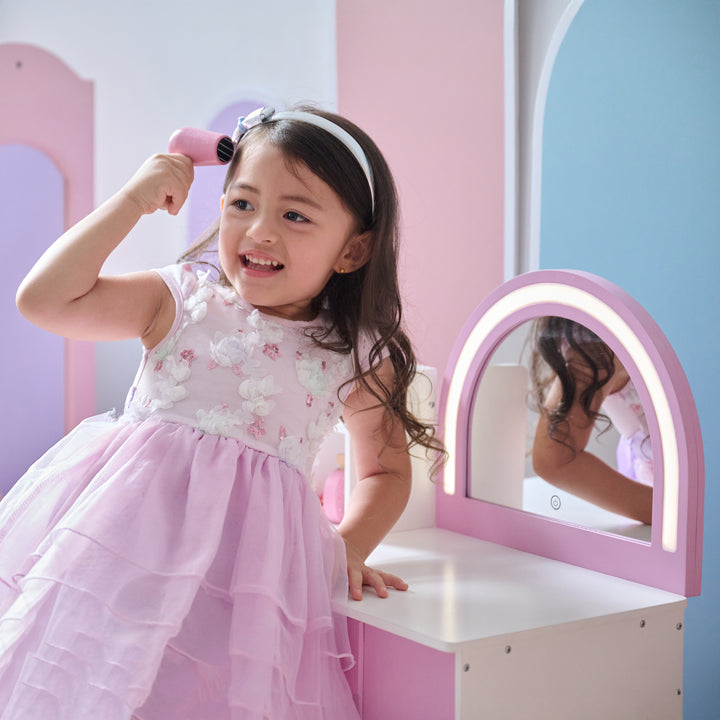 Rosé Shine Wooden 2-in-1 Play Vanity & Desk with LED Mirror for Pretend Play by Teamson Kids