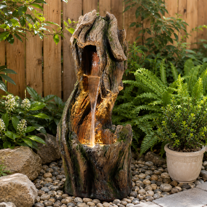 Teamson Home Forest-Inspired Cascade Water Fountain Outdoor Garden–LED Light with Built-In Electric Pump & Simple Setup, Gray
