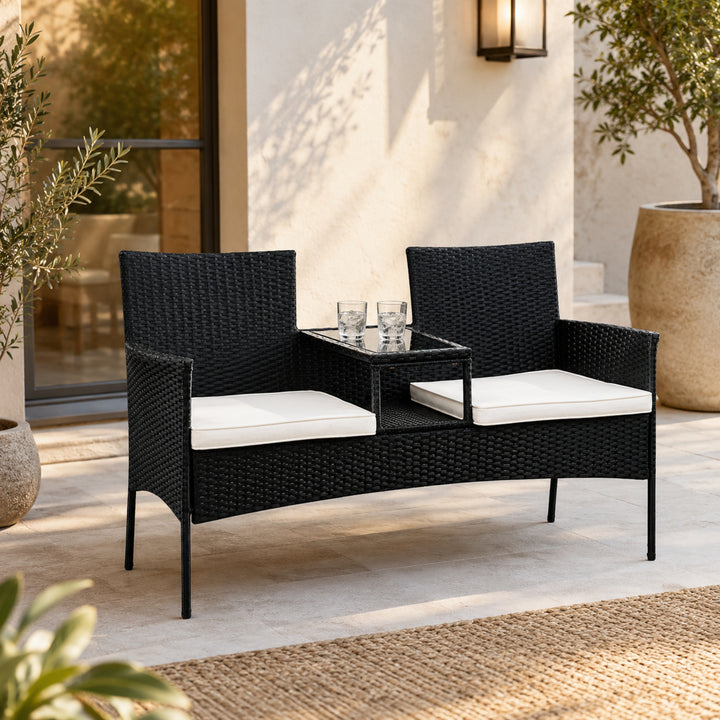 Teamson Outdoor Wicker Loveseat, 2 Seats, Built-In Glass Table, Washable Cushions, Black Rattan, UV-Resistant Steel Frame, Lower Shelf, Compact Patio Seating for Gardens, Porches, Decks & Patios