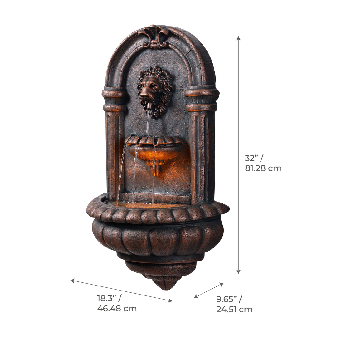 Teamson Home 32.09" Tiered Lion Head Stone LED Outdoor Water Fountain, Bronze