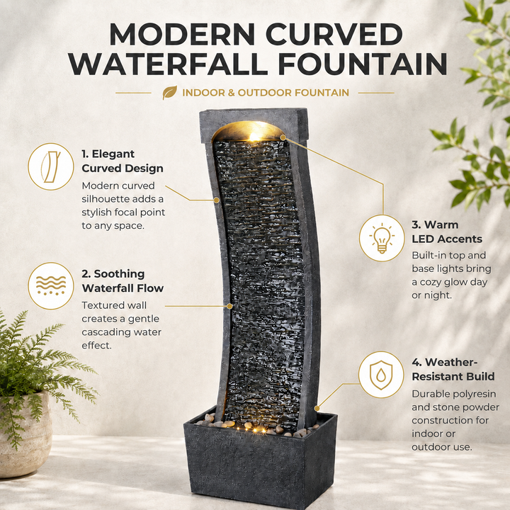 Teamson Home 38.5" Indoor/Outdoor Modern Curved Waterfall Fountain, Black