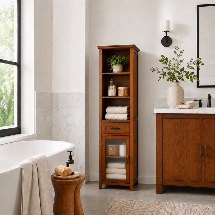 Teamson Home Avery 65-Inch Tall Freestanding Linen Tower with Open Shelves, Storage Drawer, Tempered Glass Door, Adjustable Shelf, Crown-Molded Top, Antique Brass Handles and Oiled Oak Veneer Finish