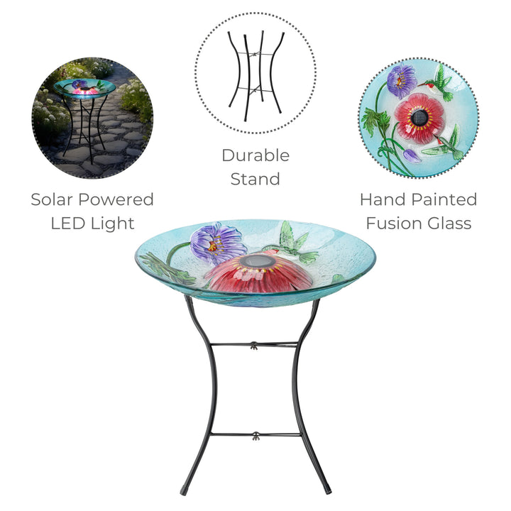 infographic image of the features of the birdbath, LED lights, durable stand, hand painted fushion glass