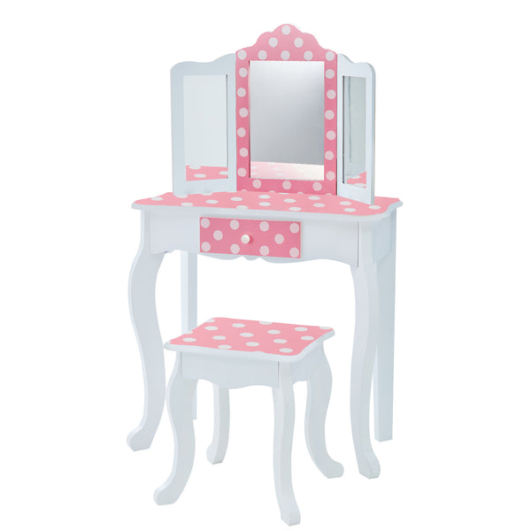 Teamson Kids Gisele Polka Dot Wooden Play Vanity Set with Tri-Fold Mirror, Storage Drawer, Matching Stool, Kids Makeup Table and Chair for Dress-Up Pretend Play, Ages 3+, Pink & White