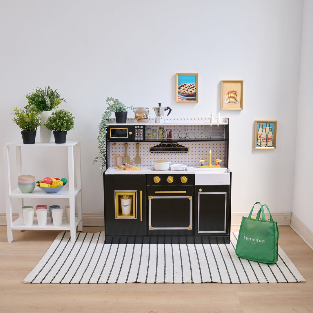 2-Pcs Wooden Play Kitchen with 15 Accessories, Black - Little Chef St. Louis by Teamson Kids