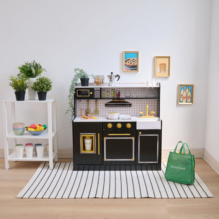 2-Pcs Wooden Play Kitchen with 15 Accessories, Black - Little Chef St. Louis by Teamson Kids